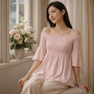 BABATON Petal Pink Smocked Off-Shoulder Babydoll Blouse Small NWOT